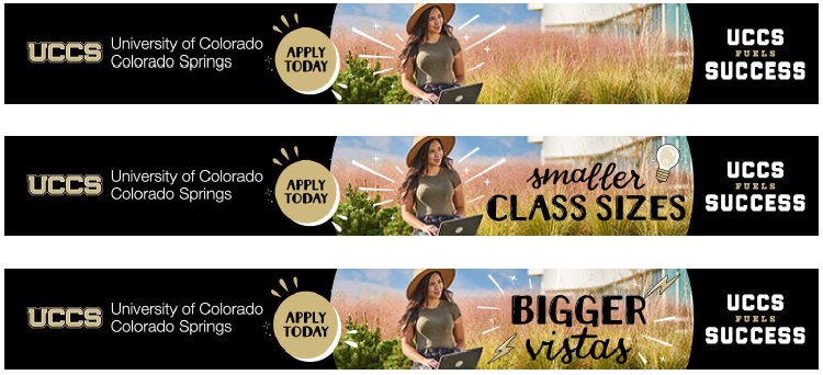 three banner ads featuring a female student