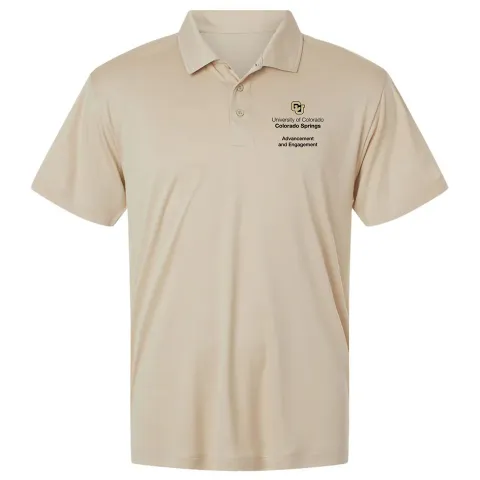 Mockup of polo with new CU logo and the Advancement and Engagement department name