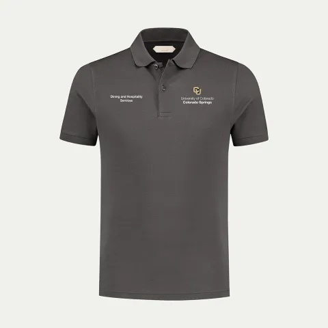 Mockup of polo with new CU logo and the Dining and Hospitality Services department name