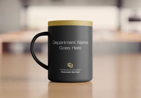 Mockup of a mug with the new CU logo and department name