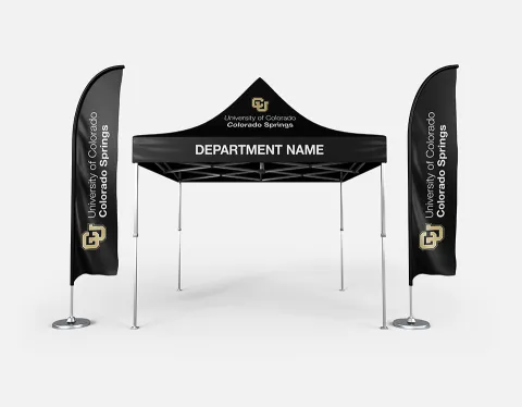 Mockup of an ez up tent and flags with the new CU logo and department name