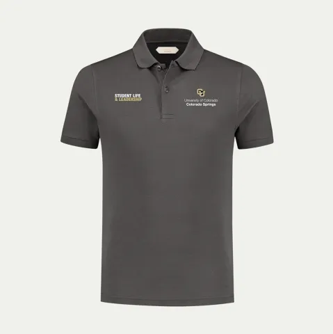 Mockup of polo with new CU logo and the Student Life & Leadership typographic treatment