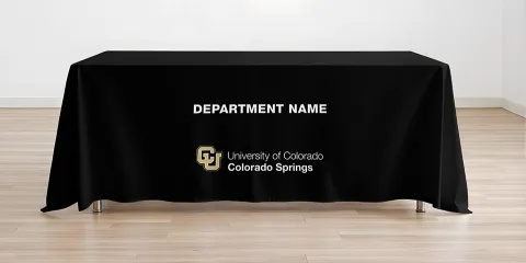 Mockup of a tablecloth with the new CU logo and department name