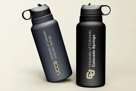 Mockup of two water bottles with the new CU logo and UCCS logo