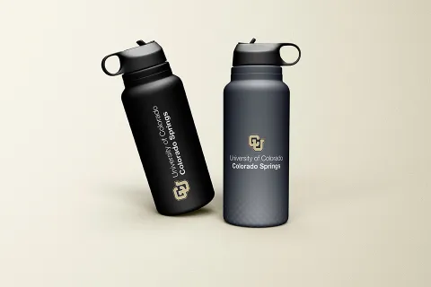 Mockup of 2 water bottles with the new CU logo
