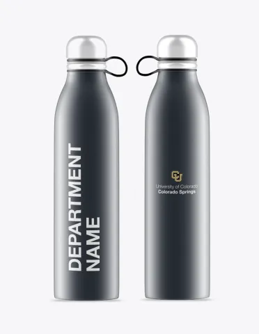 Mockup of a water bottle with the new CU logo and department name