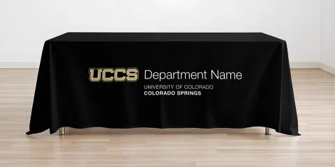 Mockup of a tablecloth with a UCCS department name signature extension