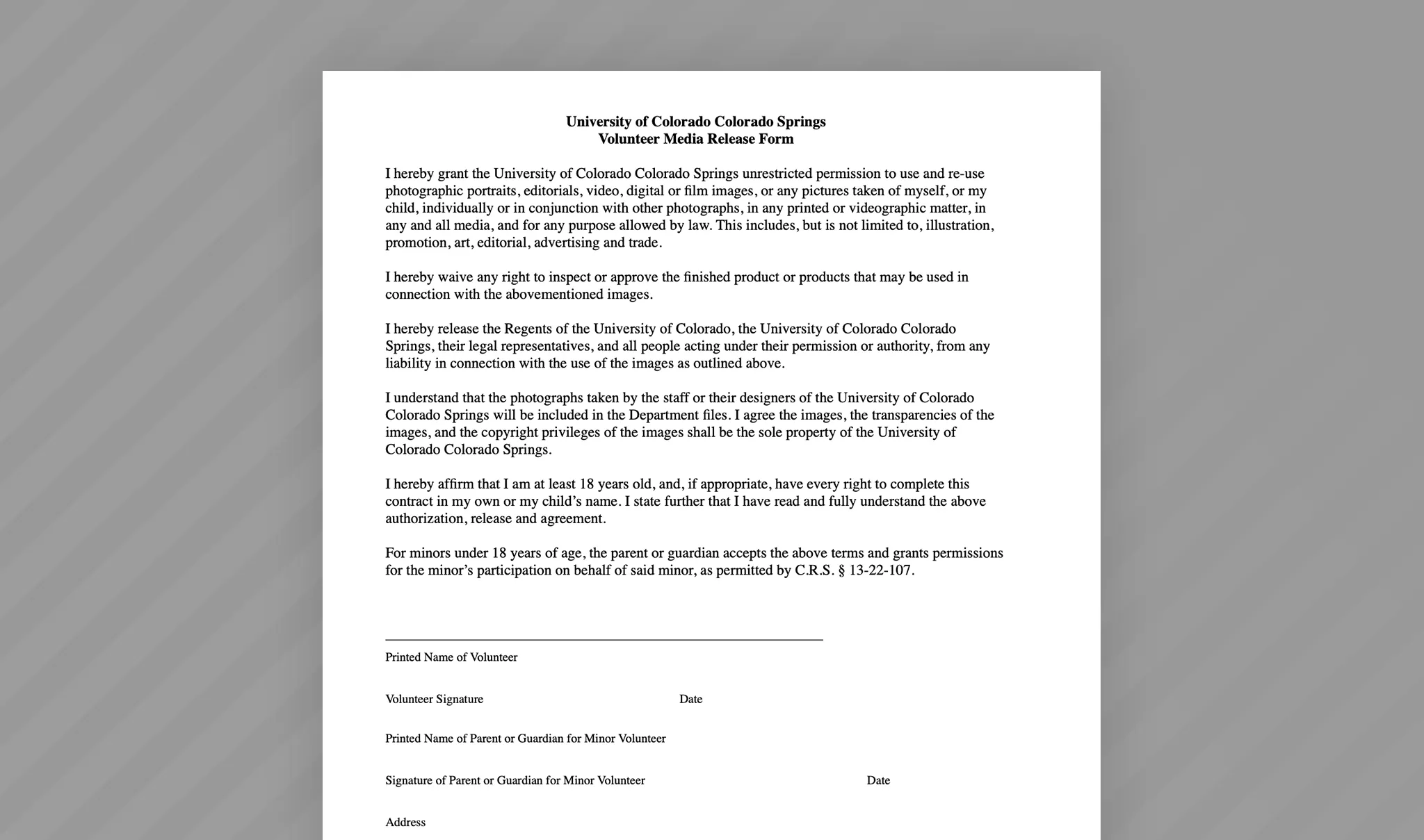 Screenshot of UCCS Model Release Form