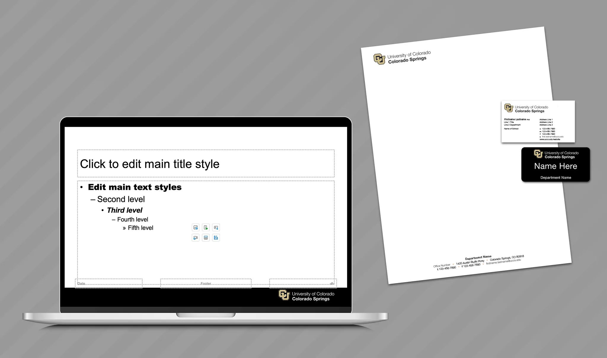 Graphic showing examples of a PowerPoint and stationery